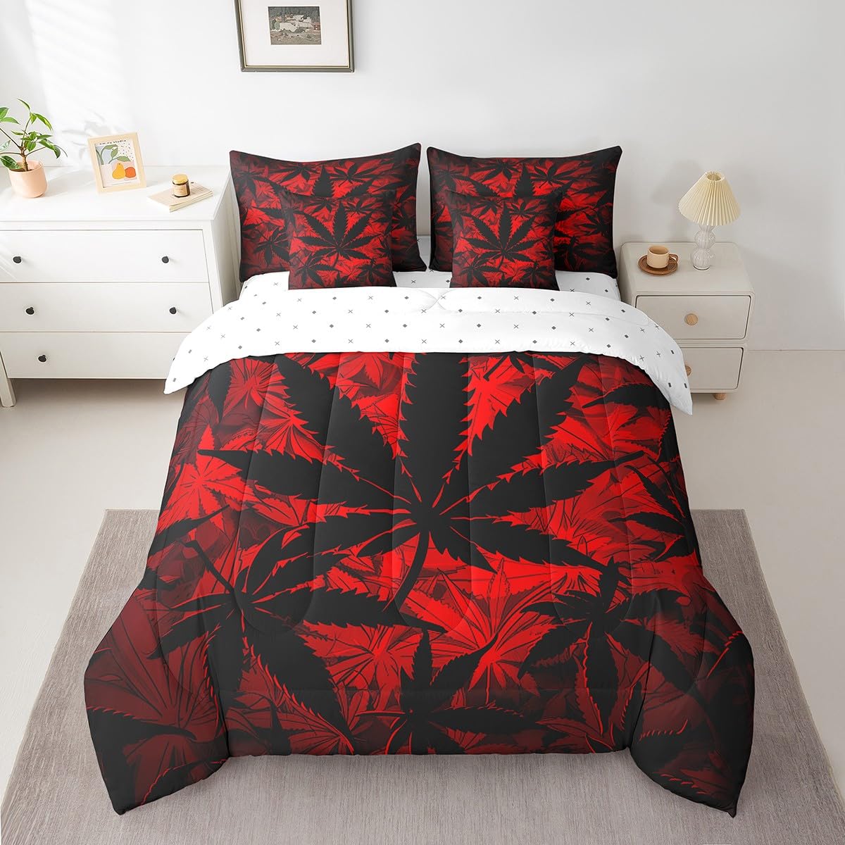 Erosebridal 7 Pcs Leaf Comforter Set - Twin Size, Neon Bed in a Bag with Flat Fitted Sheet for Kids and Adults, Leaf Bedding Set with Pillowcases and Cushion Cases