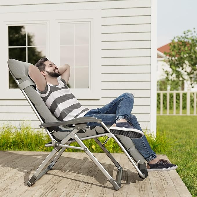 UDPATIO Oversized Zero Gravity Chair 33In XXL Lounge Chair with Removable Cushion |Pillows, Outdoor Folding Reclining with |Cup Holder |Foot Rest |Lock,Reclining Patio Chairs Grey, Support 500LB