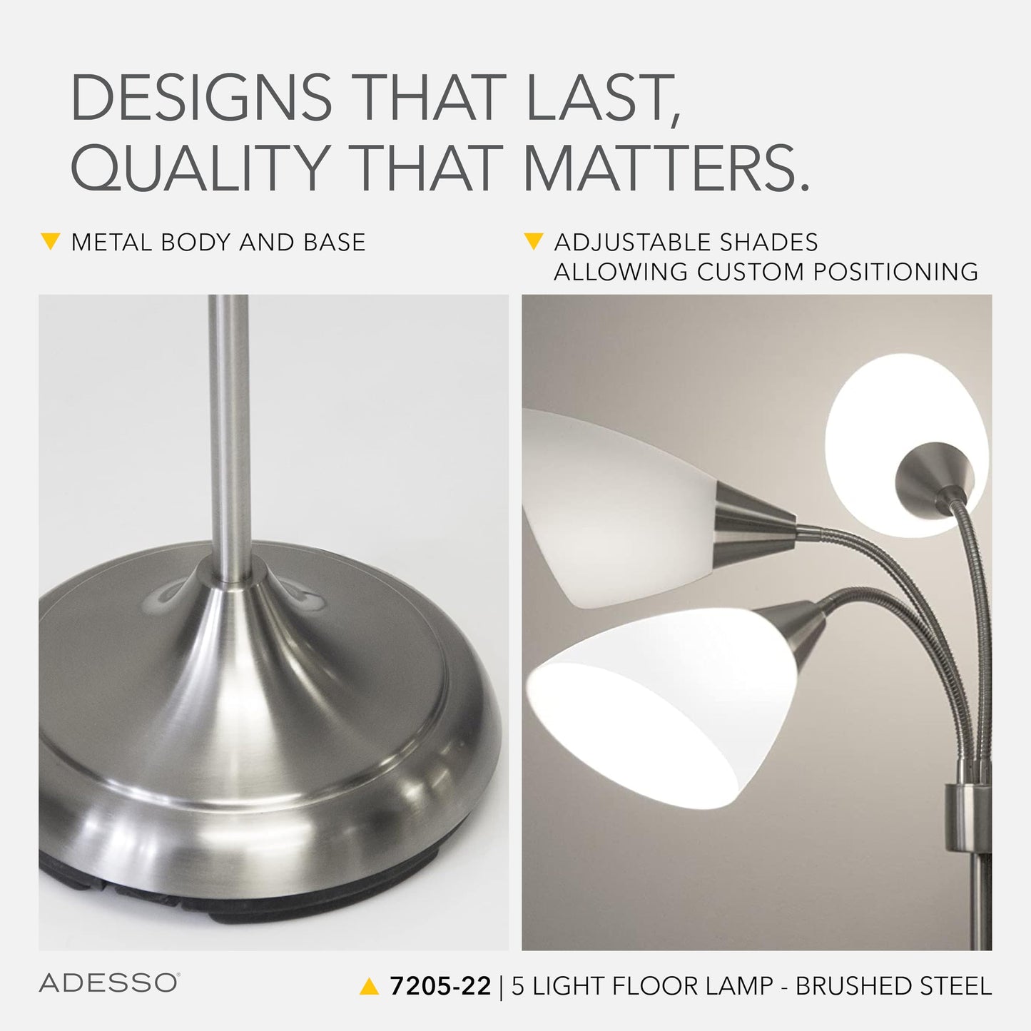 Adesso Floor Lamp with 5 Movable Shades & Adjustable Brightness, Brushed Steel Finish, Silver Perfect Lighting for Bedroom Decor, Beauty & Art Studio