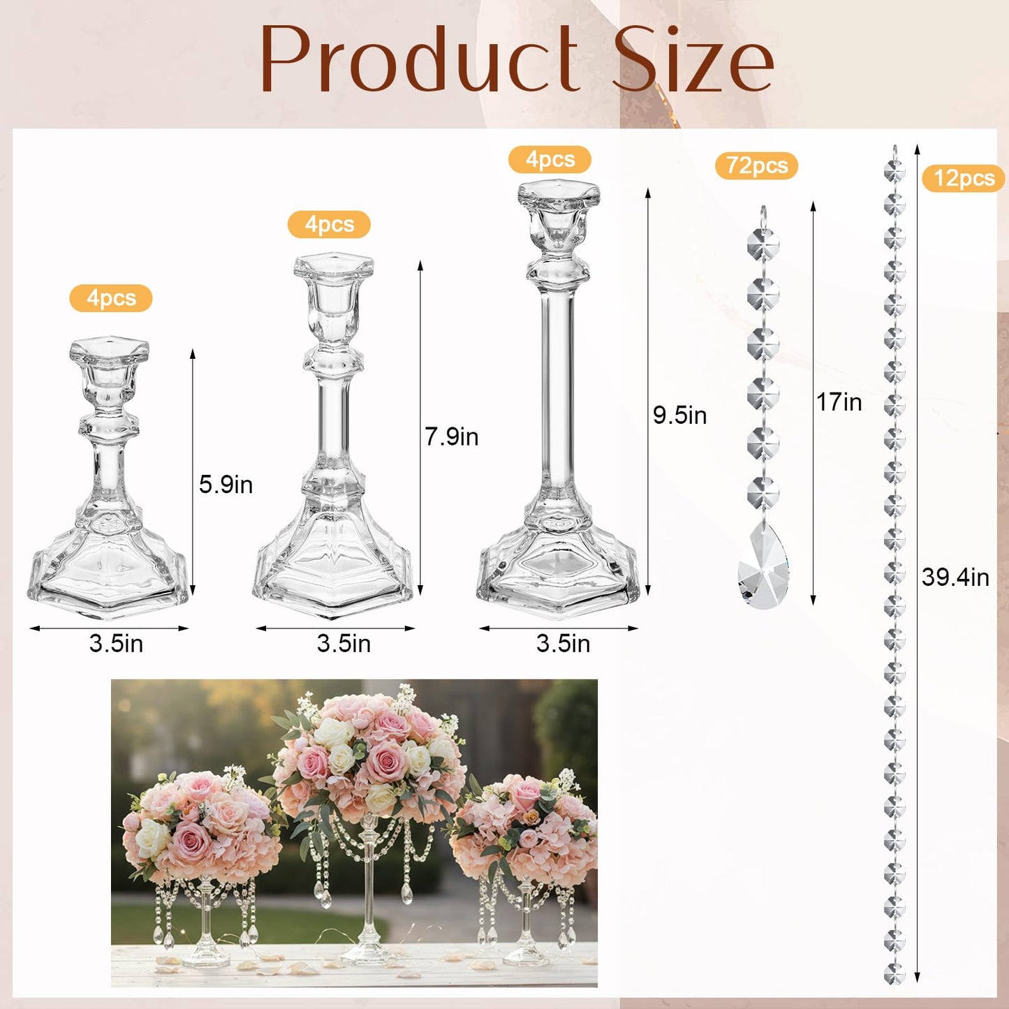 Ninehaoou 12 Set Wedding Centerpieces for Tables 12 Glass Flower Stands for Wedding 12 Acrylic Crystal Strings 72 Acrylic Crystal Ornament Beads for Party Christmas Party Tabletop Decoration
