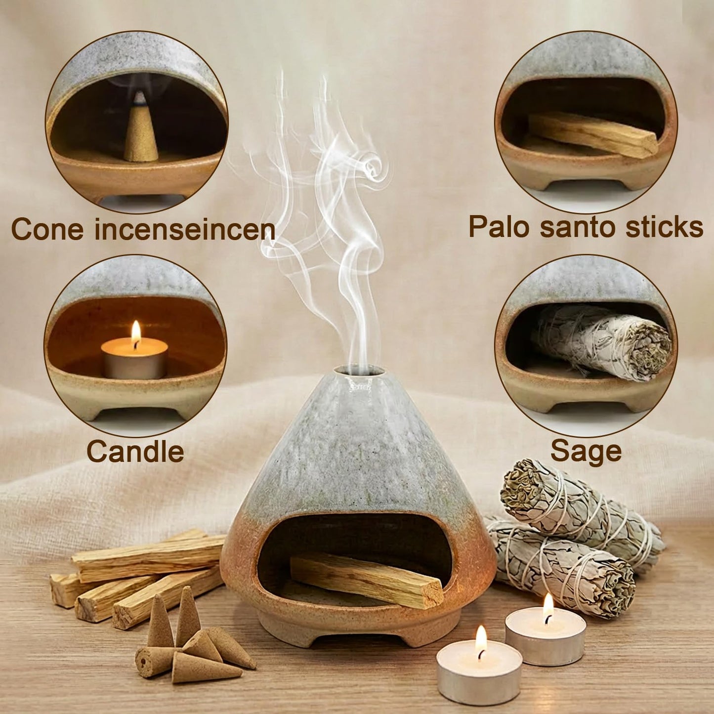 CEREMONY Palo Santo Holder -Mini Ceramic Incense Holder for Palo Santo and Sticks - White Sage Holder for Meditation Decor Ceremony Incense with Glass Gray Collector (Brown-Mount Fuji)