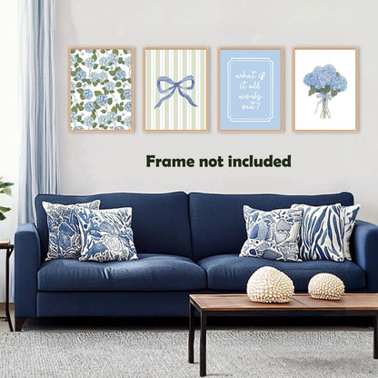 Pleonox Inspirational Coquette Blue Bow Hydrangea Floral Wall Art Prints 12x16 Inch Set of 4, Motivational Sage Green Striped Pictures Wall Decor for Girly Bedroom Room Dorm Apartment, Unframed