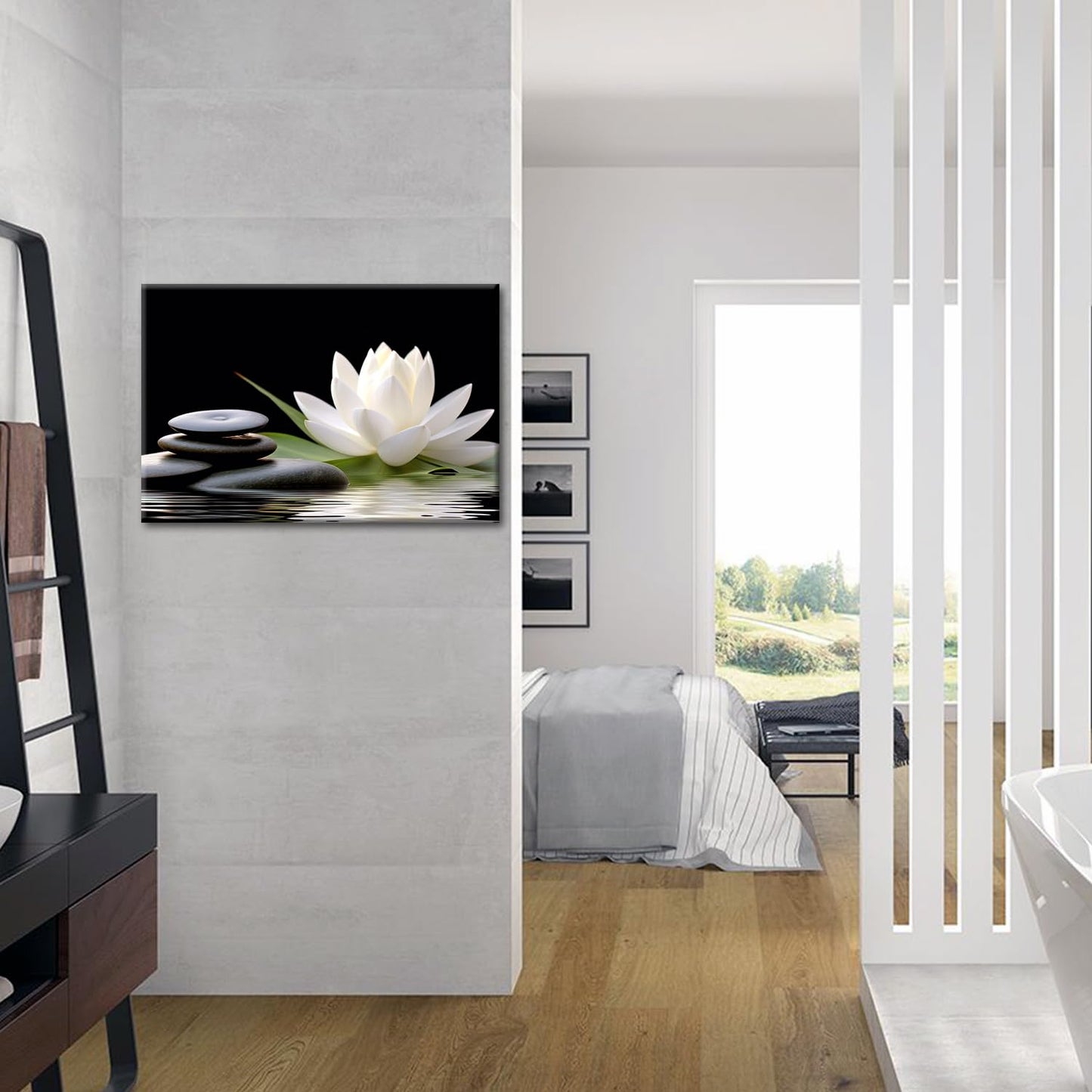 GLOKAKA Zen Wall Art,White Lotus Bloom in Water with Spa Stone,Black and White Bathroom Canvas Wall Art,Zen Spiritual Decor for Yoga Meditation Room Living Room,Office