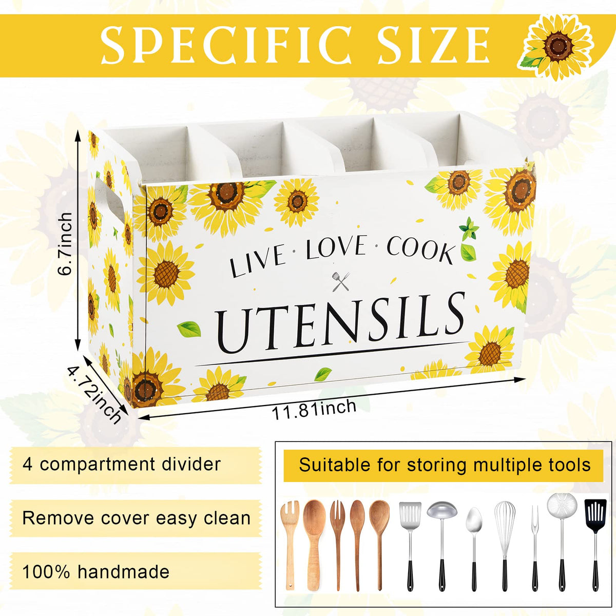 Kathfly Sunflower Kitchen Utensil Holder for Counter Cooking Utensil Organizer 4 Compartment Large Wooden Rustic Farmhouse Kitchen Tools Storage for Home Countertop