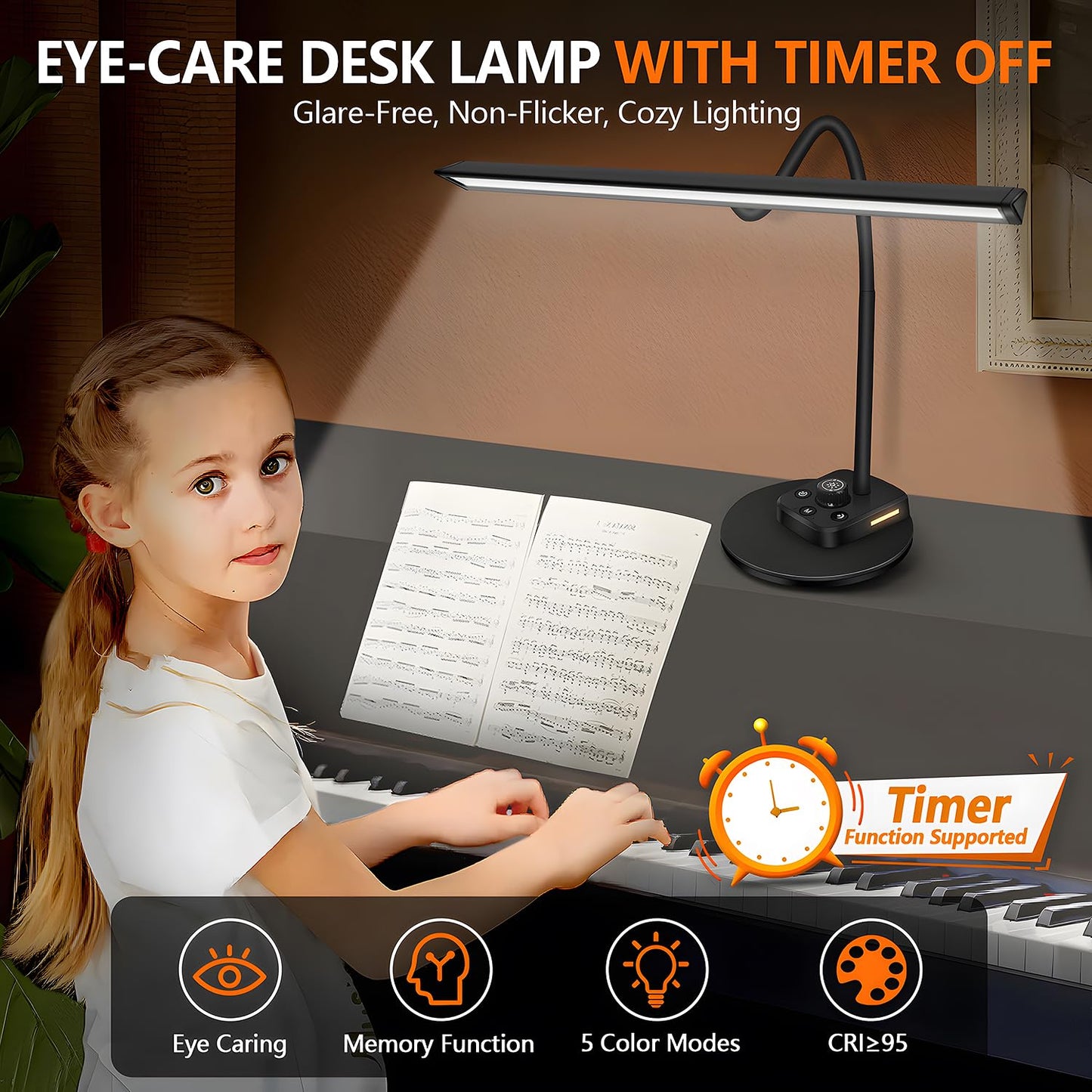 Piano Light, Upgraded LED Piano Lamp for Grand/Upright & Digital Pianos, Music Stand Lamp with Adjustable Gooseneck, Auto-Off Timer, 5 Color Modes Dimmable & USB Charging Port Eye-Care Desk Light