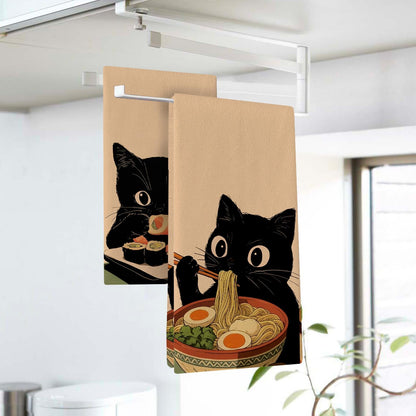 Croar Funny Black Cat Kitchen Dish Towels Set of 2, Japanese Food Sushi Ramen Noodles Drying Hand Towel Baking Cooking Cloth, Restaurant Dinning Room Home Decor Pet Cat Owner Lover Gifts 18'' x 26''