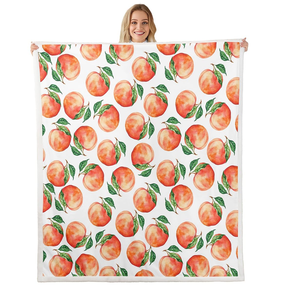 Feelyou Peach Print Plush Blanket Cute Tropical Fruit Peaches Fleece Blanket Red Green Design Sherpa Throw Blanket for Bed Sofa Couch Room Decor Lightweight Fuzzy Blanket Throw 50"x60"