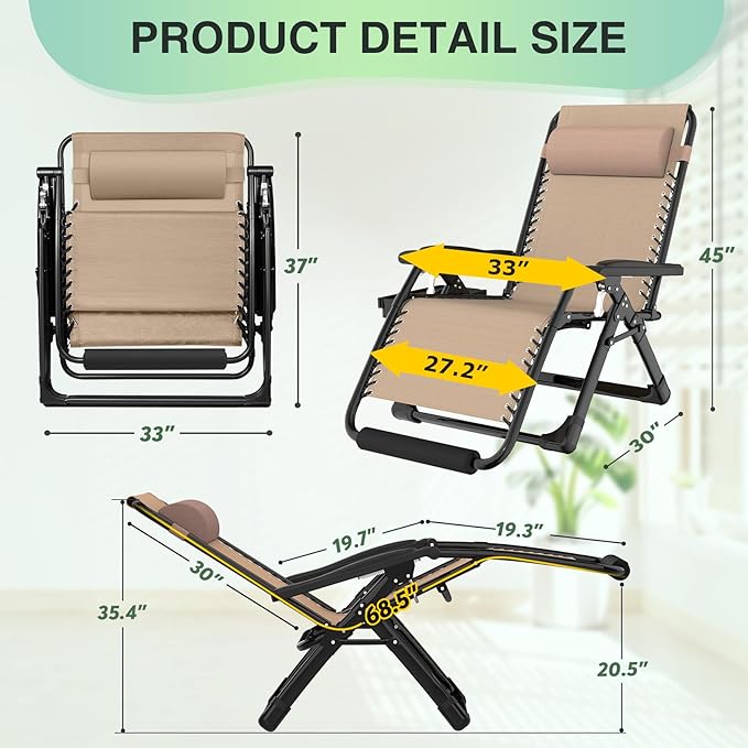 Suteck Oversized Zero Gravity Chair,33In XXL Outdoor Recliner Chair w/Removable Cushion&Headrest, Camping Lounge Chair w/Upgraded Lock&Footrest, Reclining Patio Chairs for Indoor Outdoor,500LBS