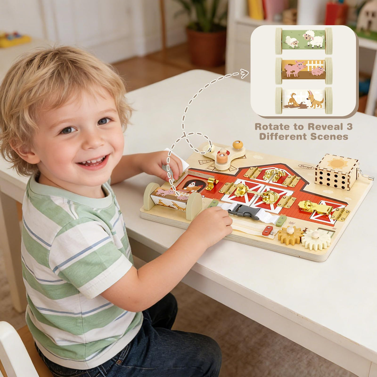 Joyreal Wooden Montessori Busy Board for 1 2 3 Year Old Toddlers, Farm Themed Sensory Toys for Kids, Fine Motor Skills Activity Board with Music Box & Latches, Learning Toys Gift for Autistic Children