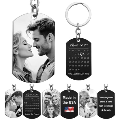 Queenberry Custom Photo Keychain for Husband Boyfriend Laser Engraved Personalized Calendar Date Text Picture Gift for Valentines Day Anniversary