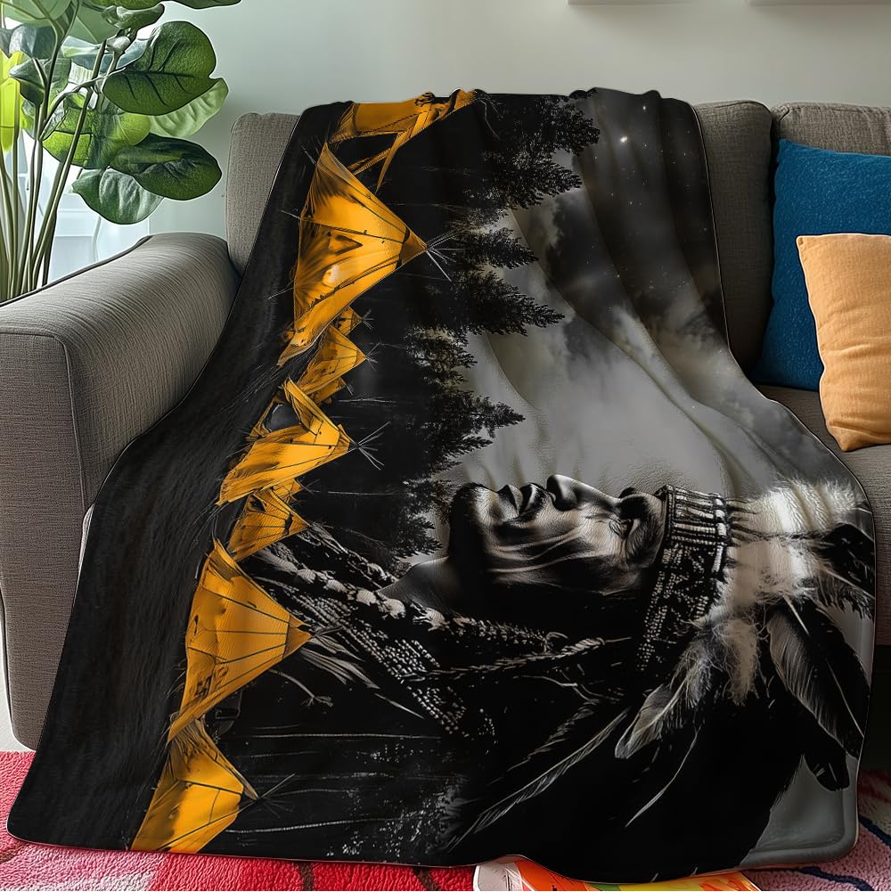 HUNXIAOJ Native American Blanket Indian Throw Blanket Indian Chiefs and Camp Print Native American Bedding Warm Soft Flannel for Bed Sofa Couch (49in x 59in)