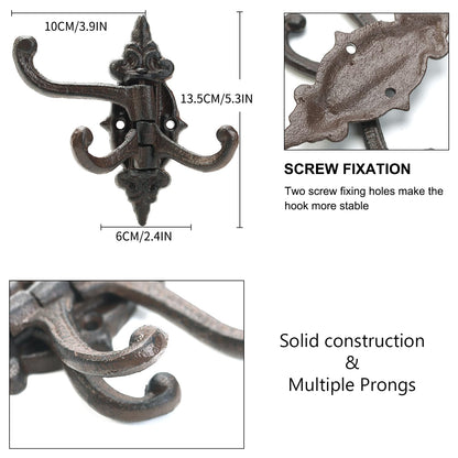 Sungmor 2-Pack Cast Iron 3-in-1 Flexible & Functional Swivel Wall Hook - Vintage Coat Hook Garden Planter Hanger - Heavy Duty Solid Metal Swing Hook - Clothes Hats Towels Bags Pots Tools Hanger