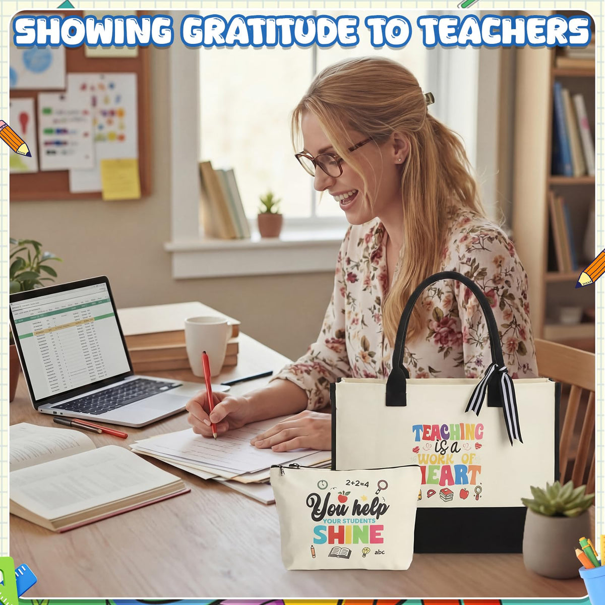 Capoda Teacher Appreciation Gifts for Women Bulk - 4 Set Large Canvas Teachers' Tote Bags with Makeup Bags Pouch Rainbow Inspirational Quotes, Thank You End of Year Daycare Teacher Staff Gifts Set