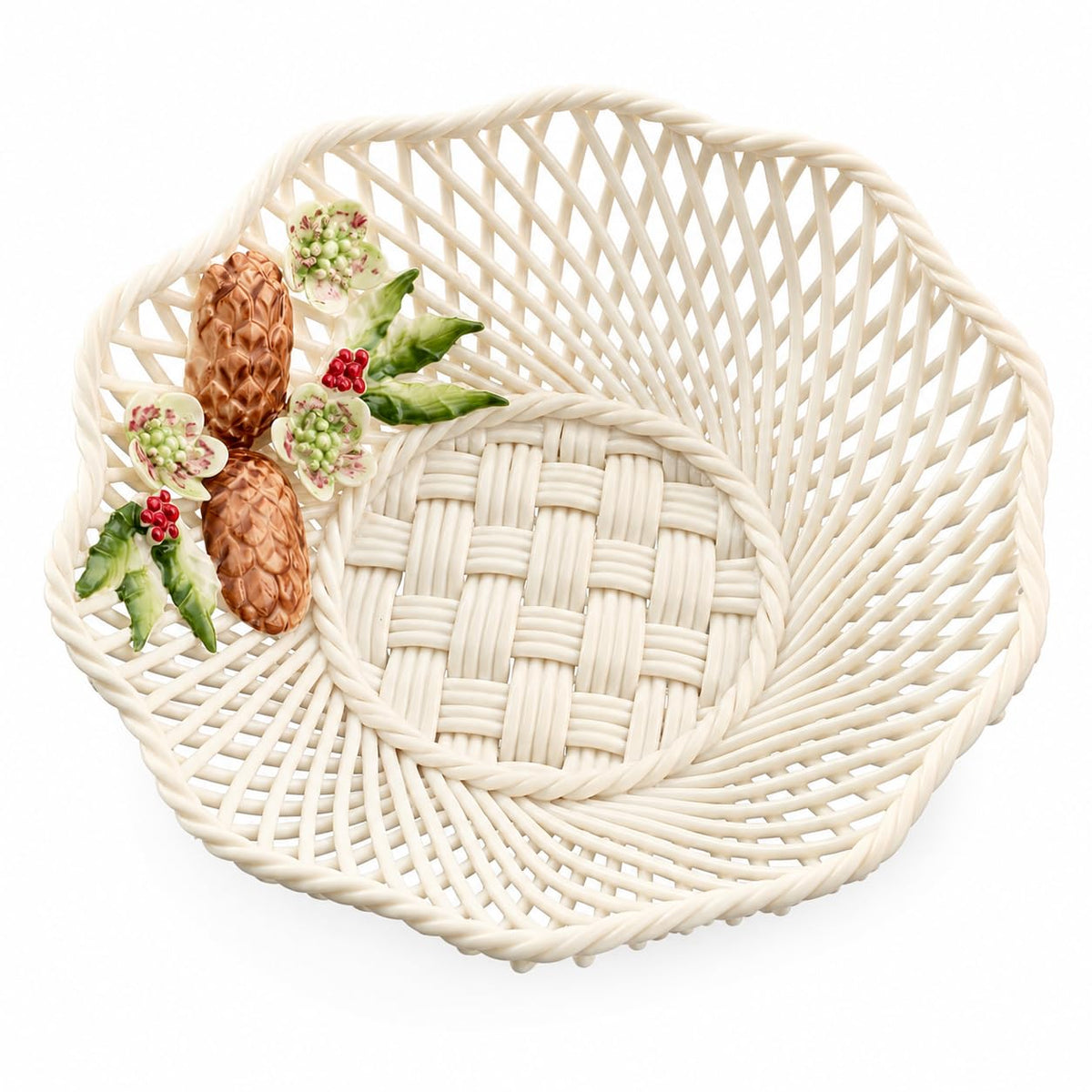 Belleek Classic Wild Irish Hedgerow Winter Basket - Boho Room Decor, Decorative Storage Baskets, Adorned with Pinecones, Holly, and Christmas Rose, 7”D x 1.5”H