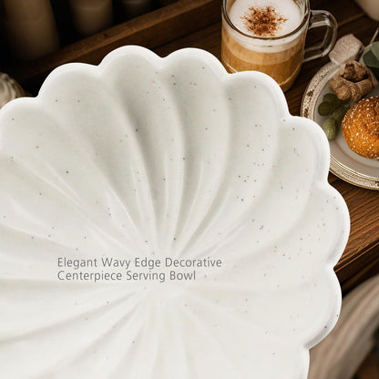 Large Fruit Bowl for Kitchen Counter-10.6" White Ceramic Fluted Scalloped Decorative Footed Bowl -Elegant Pedestal Display Bowls for Entryway Table, Perfect for Housewarming &Wedding Gift