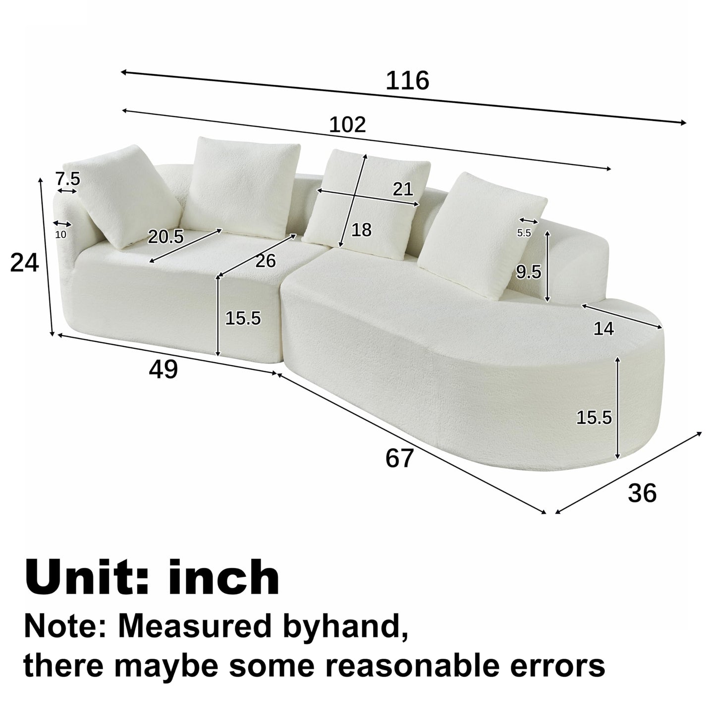 Merax 116" Curved Polyester Sectional Sofa, Modern Pearl Upholstery 3 Seat Cloud Couch with Chaise Lounge & 4 Pillows for Living Room, Beige