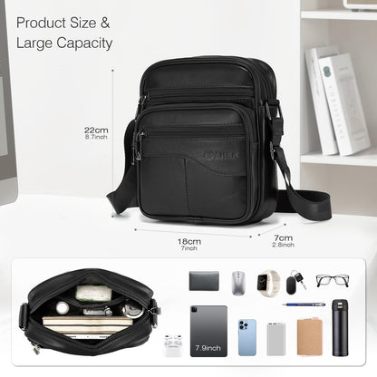 SPAHER Men Small Genuine Leather Handbag Shoulder Bag Satchel Business Messenger Backpack Crossbody Casual Sling Travelling Bag Mens Gift For Wallet Purse Mobile Phone Keys Black