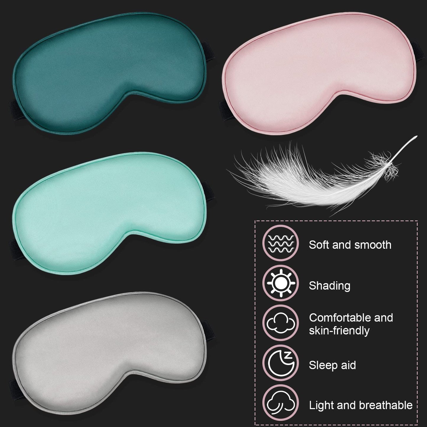 BBTO 4 Pcs Silk Sleep Eye Masks Smooth Soft Satin Eye Covers with Adjustable Strap Blindfold for Sleeping Blocking Out Lights Travel Relaxation (Royal Blue, Dark Green, Navy Blue, Black)