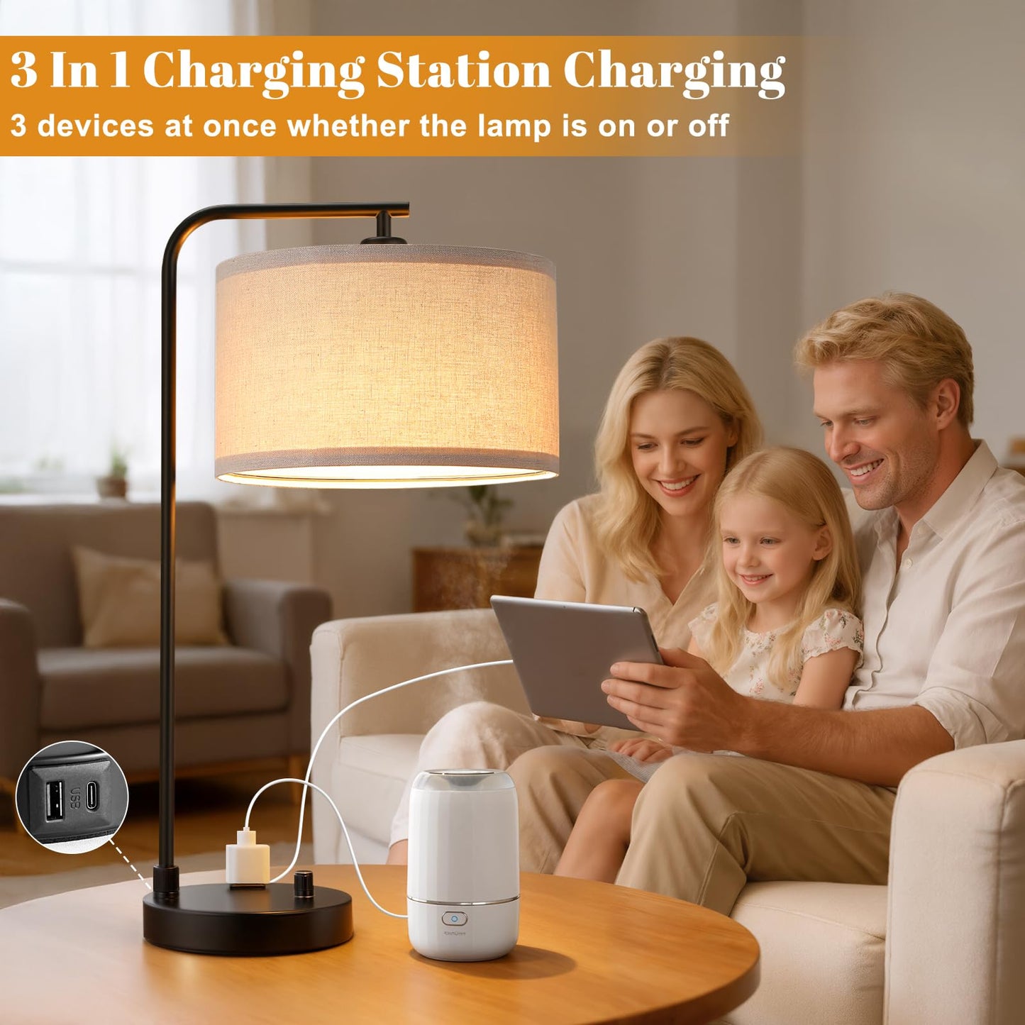 Innqoo Bedside Table Lamps for Bedroom Set of 2-Dimmable Nightstand Lamps with USB Port and Outlet,Modern Black Lamps with Linen Shade,Tall Desk Lamps for Home Office Bedroom Living Room End Table