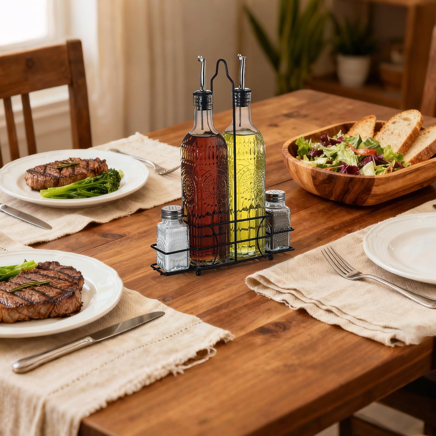 MDLUU Glass Oil and Vinegar Cruet Set, Salt & Pepper Shakers with Holder