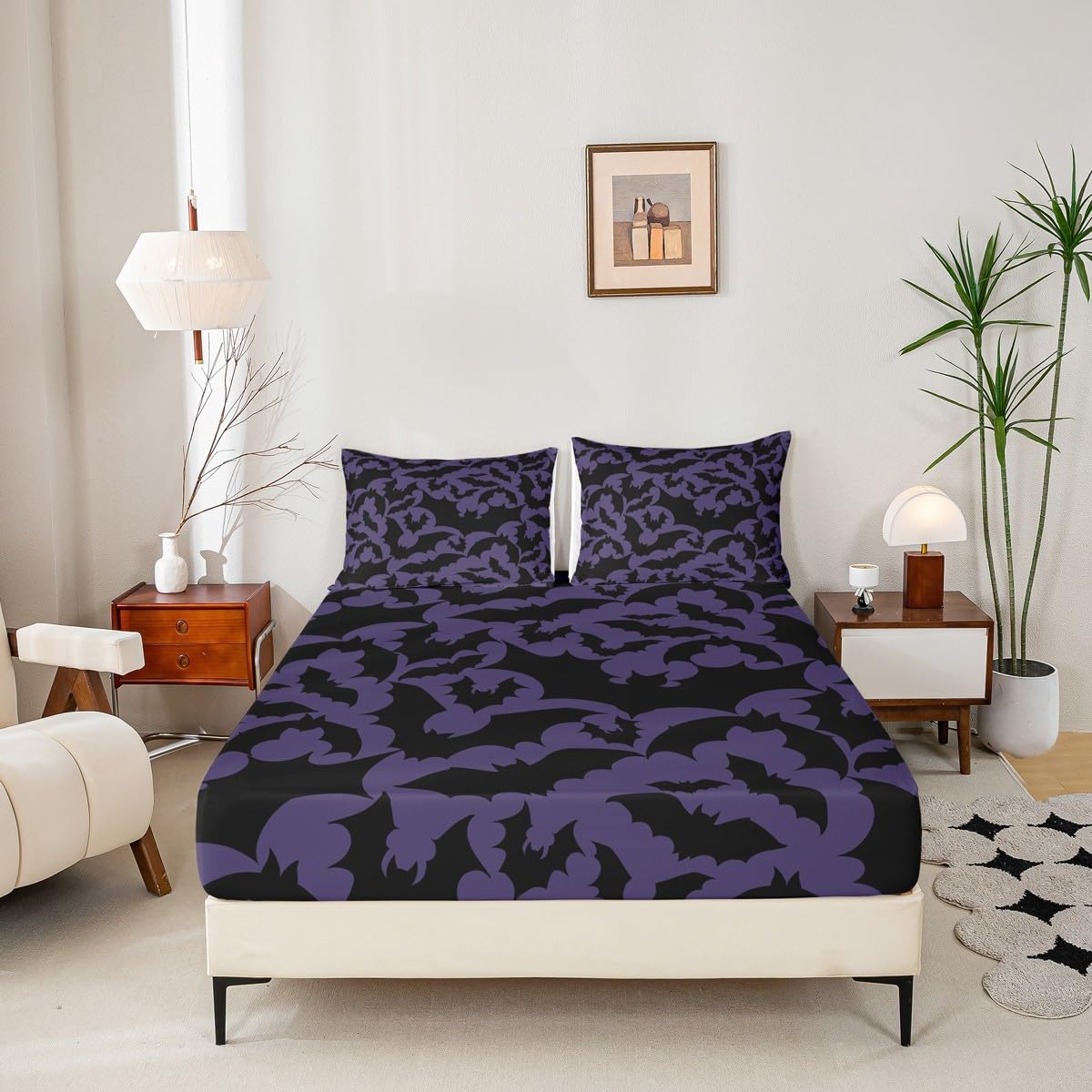 Castle Fairy Halloween Themed Bed Sheet Set King Size,Black Bats Animal Print Fitted Sheet + 1 Flat + 1 Pillowcase,Dark Purple Color Polyester Bed Mattress Cover, Gift for Man Couple