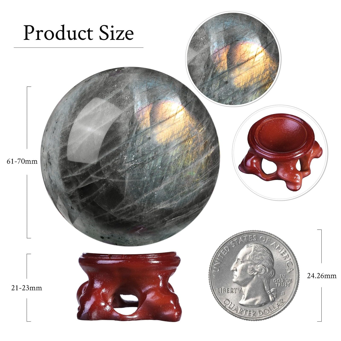 mookaitedecor Natural Labradorite Crystal Ball with Resin Stand, Decorative Stone Sphere Ball for Feng Shui Meditation Divination Home Decor, 2.4-2.76 Inch (61-70 mm)