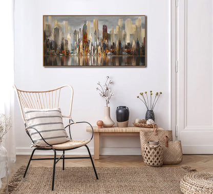Mofutinpo Abstract Modern Canvas Wall Art for Living Room Cityscape New York Wall Decor City Theme Paintings Brown Framed Pictures Office Artwork Wall Decor Bedroom Above Bed