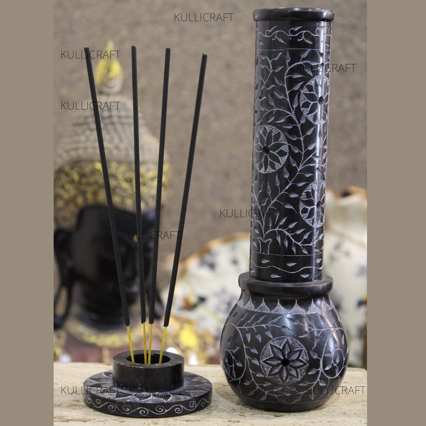 KC KULLICRAFT Hand Carved Marble Soapstone Incense Stick Holder – Black Incense Burner with Ash Catcher Base, Tea Light & Camphor Holder, Decorative Home & Puja Decor (3 x 3 x 10 Inch).
