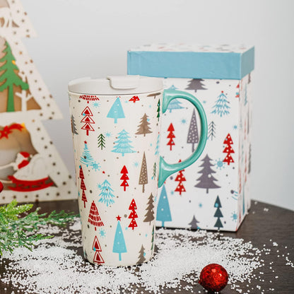 Topadorn Christmas Tree Ceramic Mug Coffee Cup with Spill-proof Lid and Box, 17 Oz.