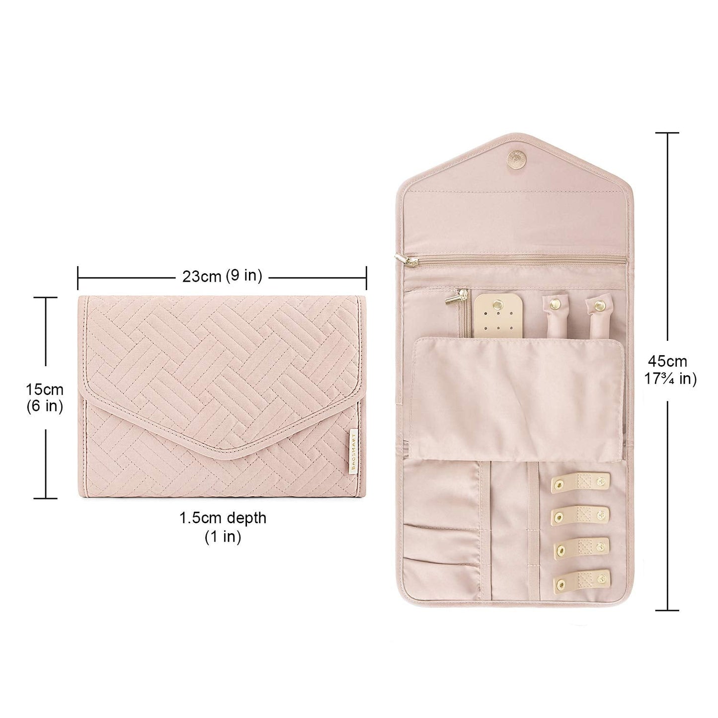 bagsmart Travel Jewellery Organiser, Foldable Jewelry Storage Roll for Journey-Rings, Necklaces, Bracelets, Earrings, (Medium-Pink)