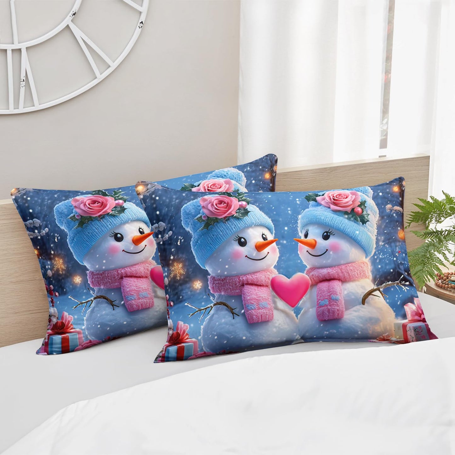HOSIMA Snowman Twin Fitted Sheet,Cute Snowmen Looking at Each Other,Flowers Gifts Pattern Christmas Bedding Set Romantic Themed Couple Bedding for Women Bedroom Decor,1 Fitted Sheet+2 Pillowcases.