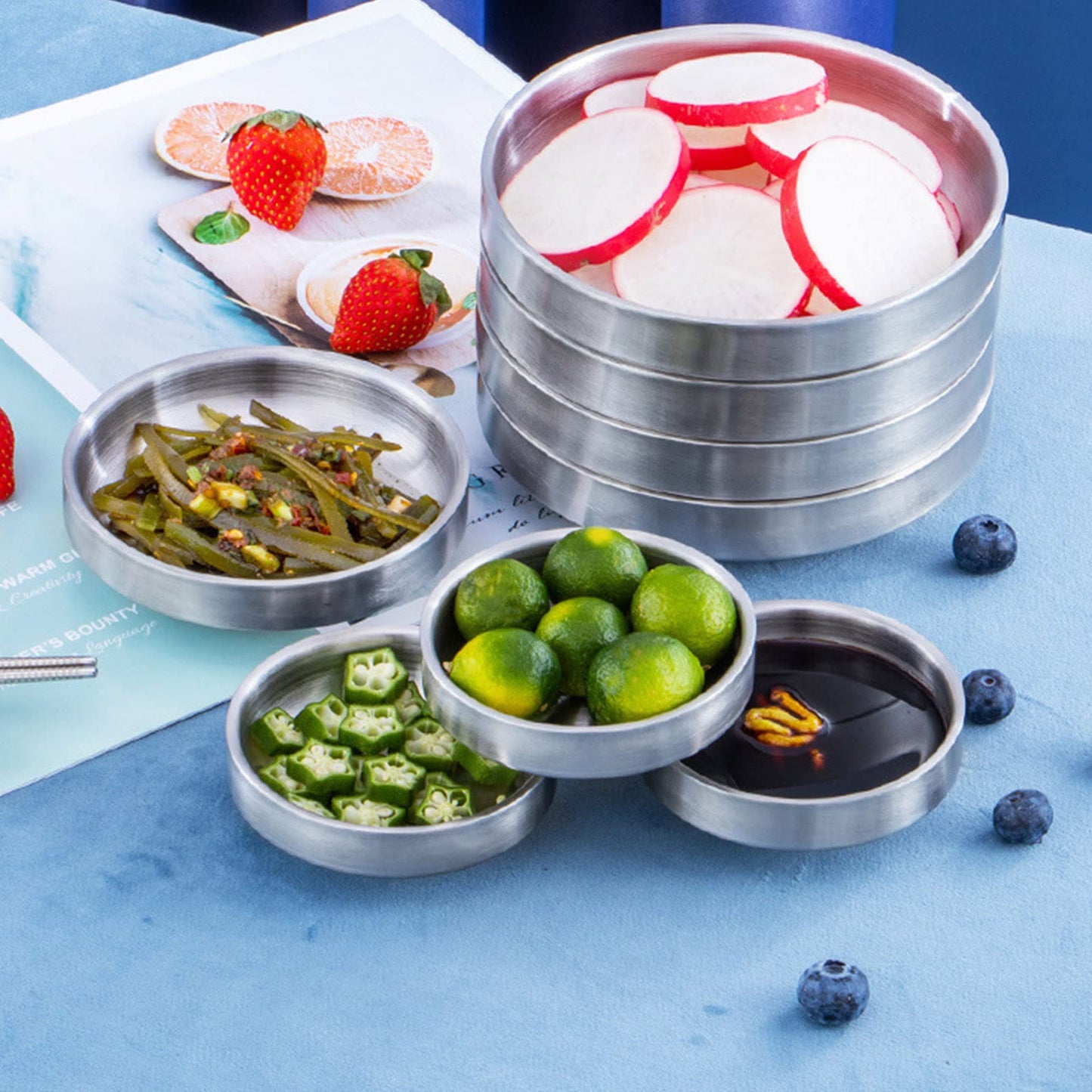Incauca 4.5 Inch Stainless Steel Soy Sauce Dishes, Double Walled Mini Chip and Dip Bowls, Dipping Sauce Ramekin, Seasoning Cups, Metal Small Side Dish Bowls for Condiment Sushi Ketchup, Silver