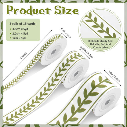 Cunno 3 Rolls Leaf Ribbon Decorating Material White Green Jacquard Ribbon Party Accessory for Curtain Home Decor Sewing DIY Gift Wrapping Crafts, 0.4, 0.87, 1.5 Inch Wide, 15 Yard