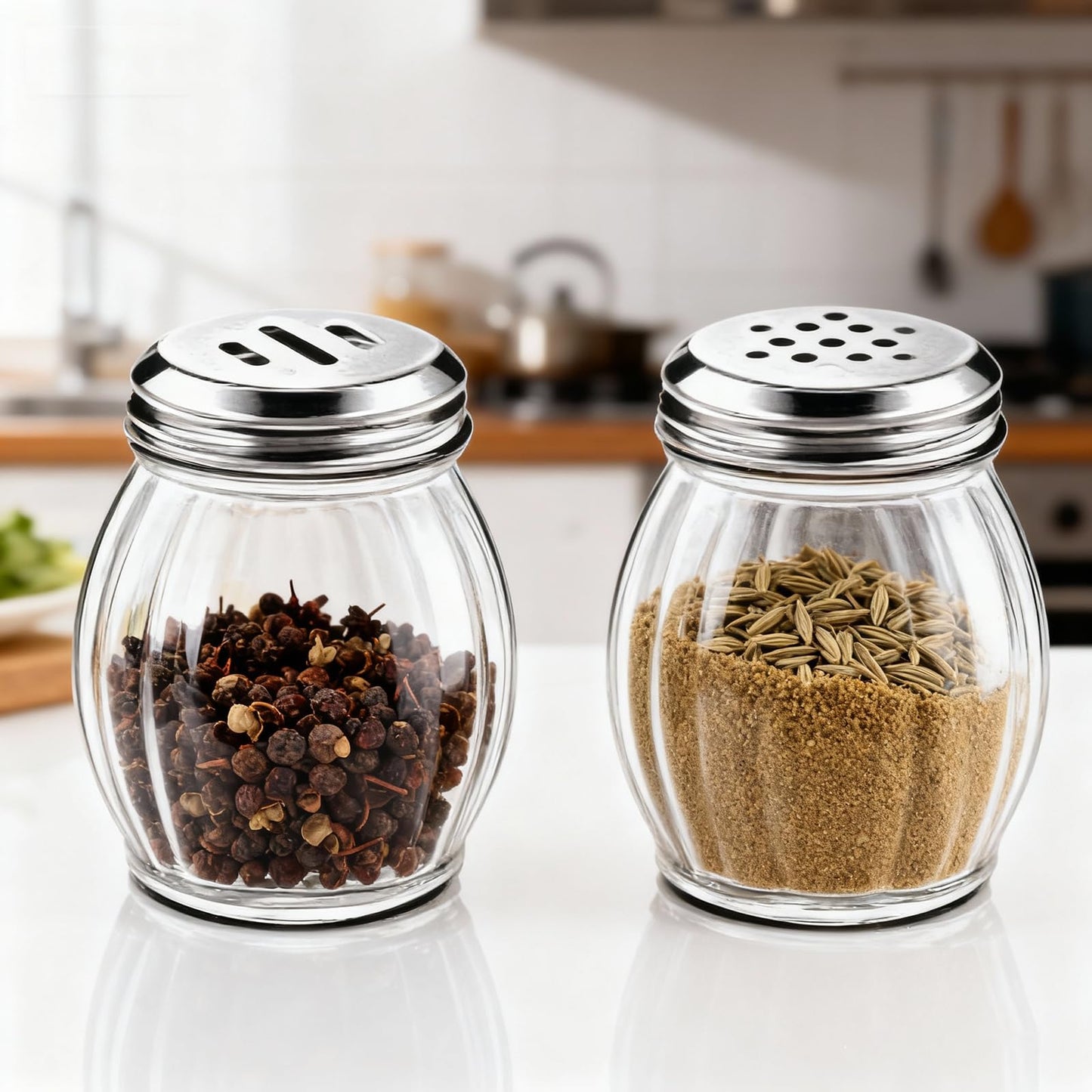 Glass Spice Shaker Set with Stainless Steel Top, 6 Ounces, 4-Piece, Salt and Pepper Dispensers (4)