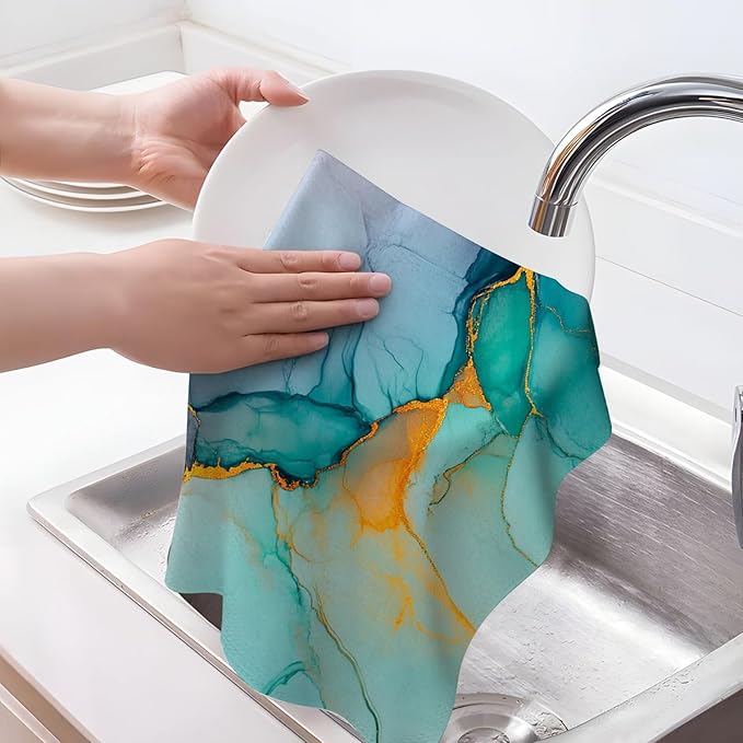 Teal Gold Kitchen Towel Set of 4 Soft Absorbent Marble Texture Turquoise