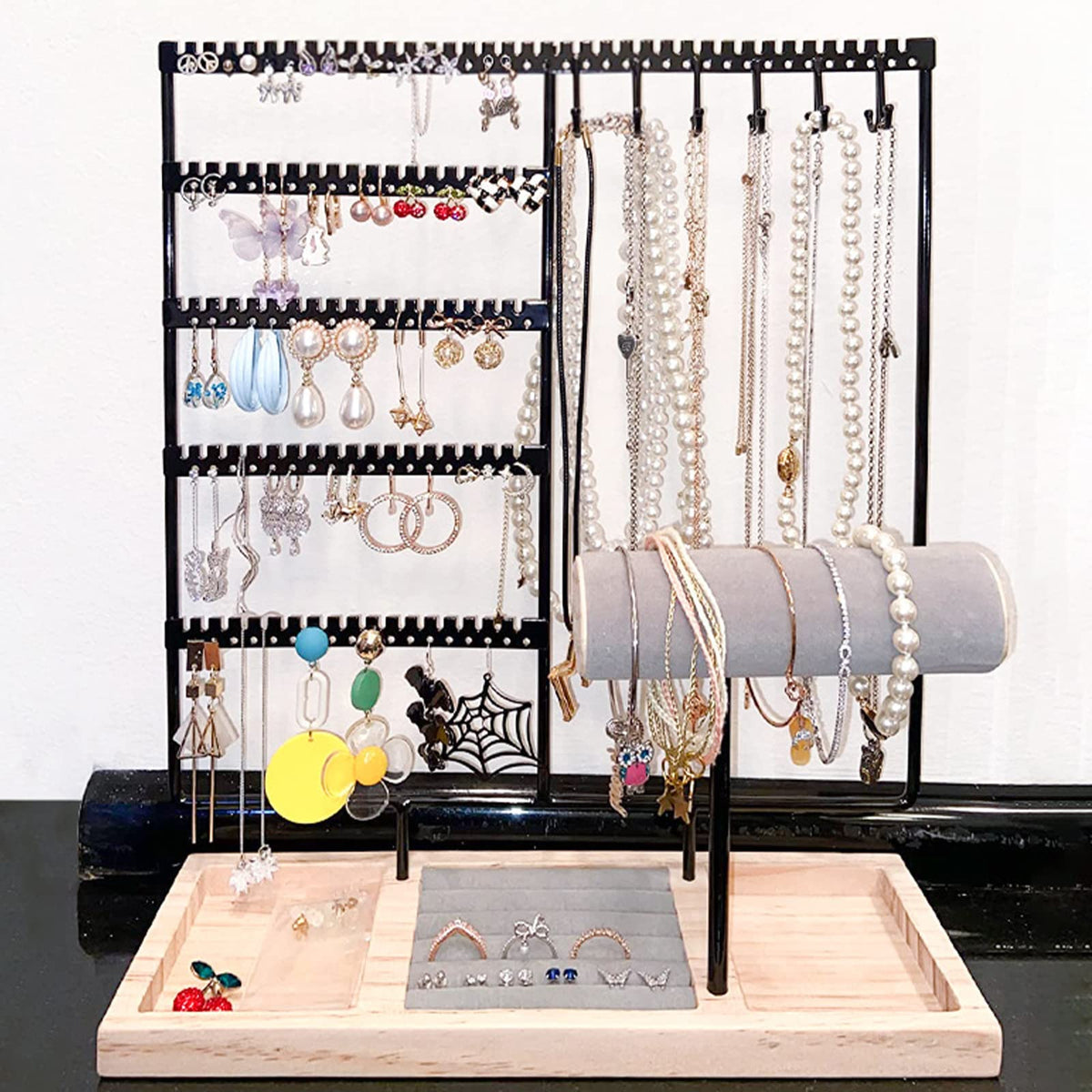 HINIHAO Earring Holder,5-Tier Ear Stud Holder with Wooden Tray, Jewelry Tower Rack with 108 Holes, 12 Hooks Necklaces Hanging, for Bracelets Earrings Rings Watches (Black)