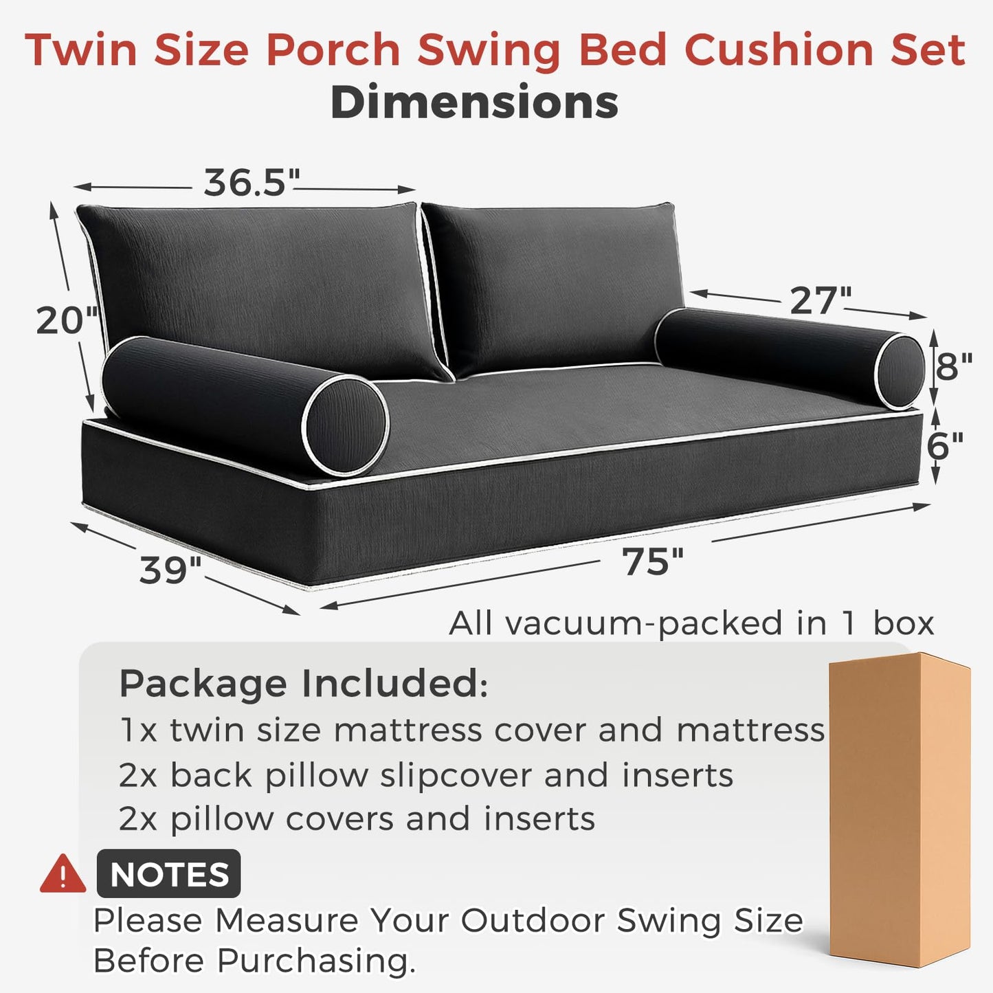IYTFNSDLE Olefin Twin Outdoor Mattress Package Daybed Cushion Set，Twin Size Porch Swing Bed 6inch Mattress，Waterproof Cushion Package for Daybeds (Dark Gray, 75 * 39 * 6in)