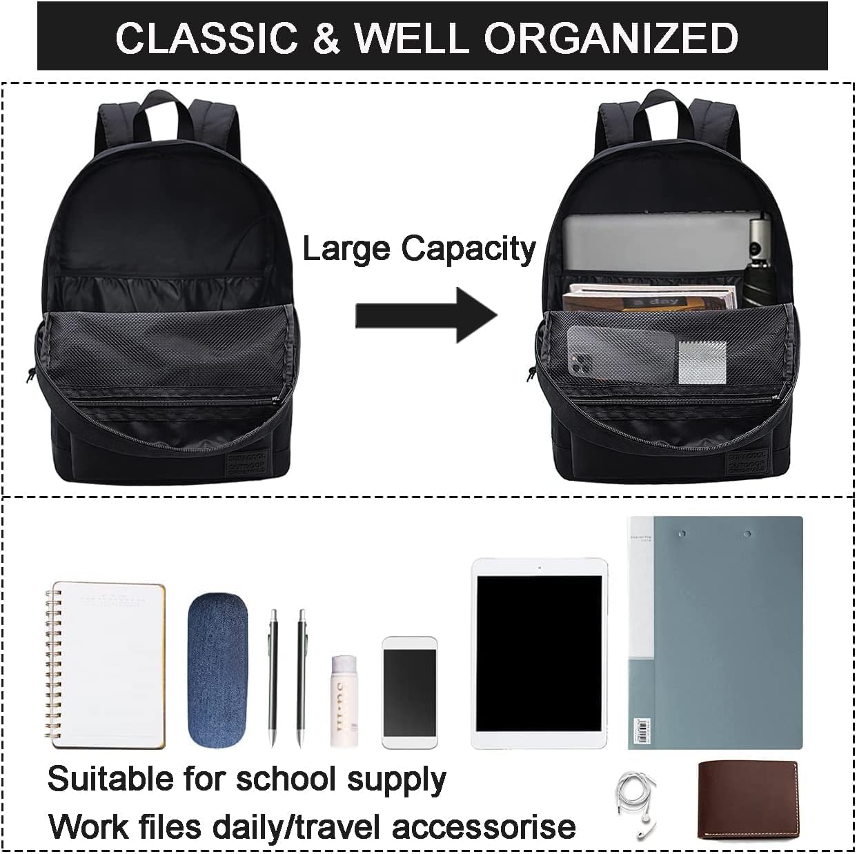 SUPACOOL Casual Laptop Backpack for Men and Women, Classic backpack for College Travel Work, Lightweight Pack Back(black)