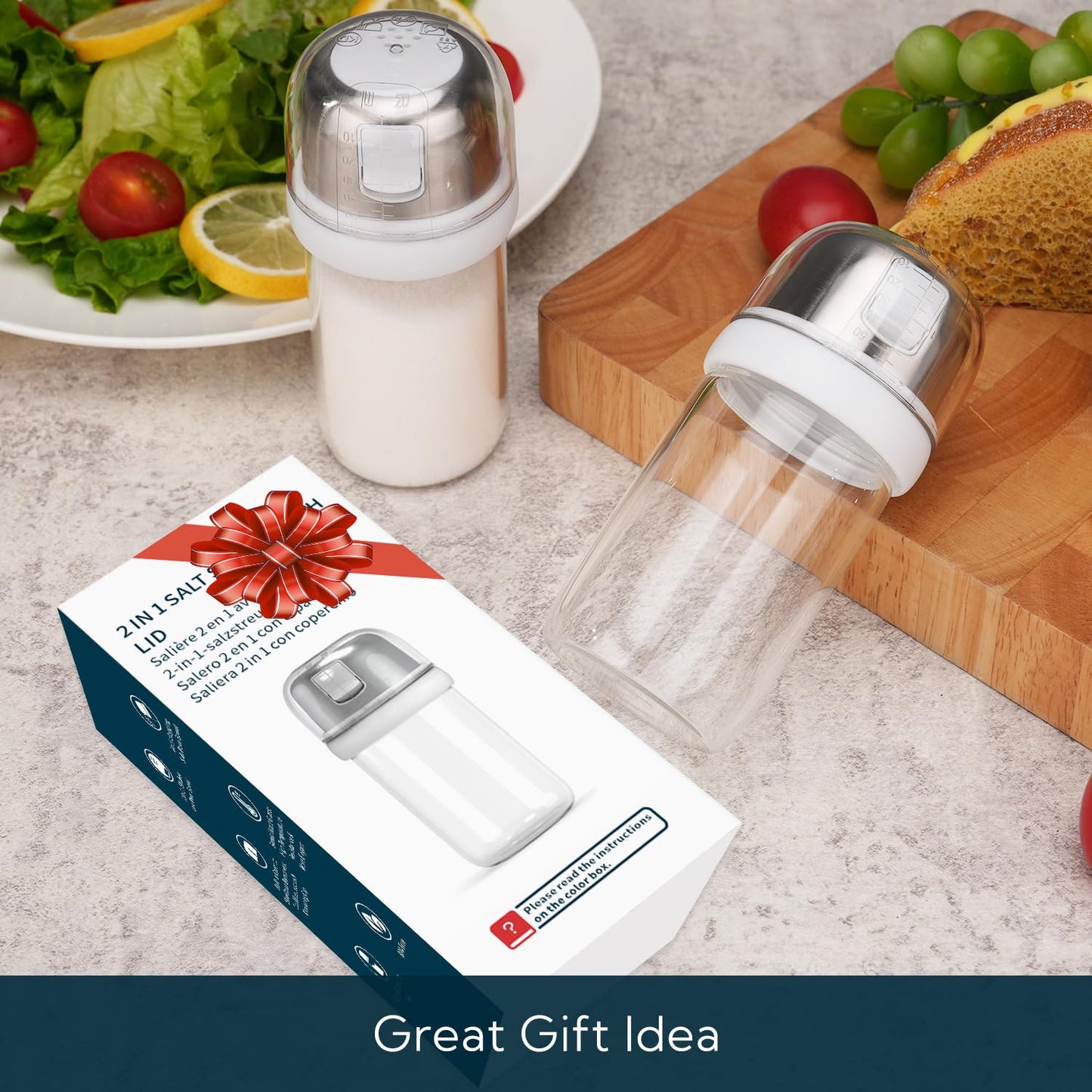 KTCHENDAO 2 in 1 Glass Salt Shaker with Side Pour Spout, Built-in Lid to Slow Down Dampness with Mearsuring Marks, Elegant Borosilicate Glass Salt Dispenser for Kitchen, BPA Free, 4oz (White)