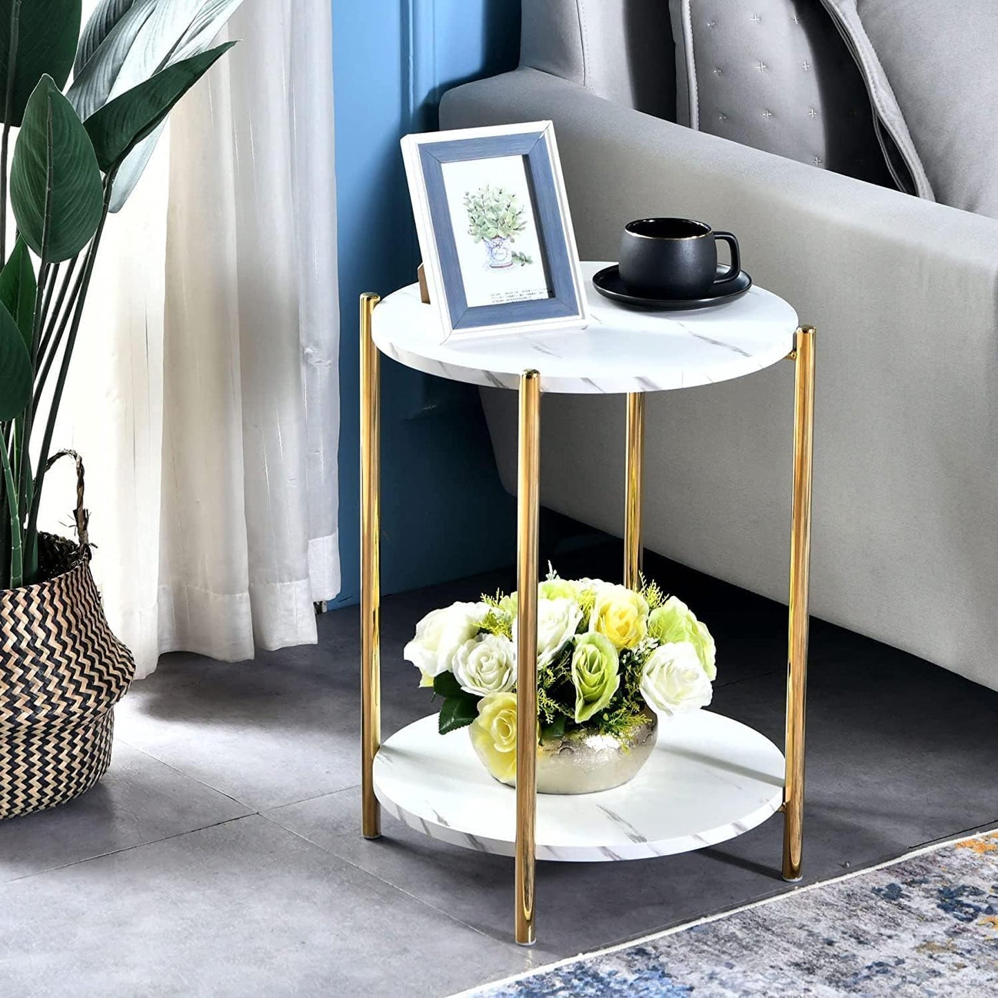 Gold End Table, Faux Marble Side Table, 2-Tier Small Round Nightstand for Bedroom - Modern Accent Table for Living Room Couch, Metal Frame (1 Pack)