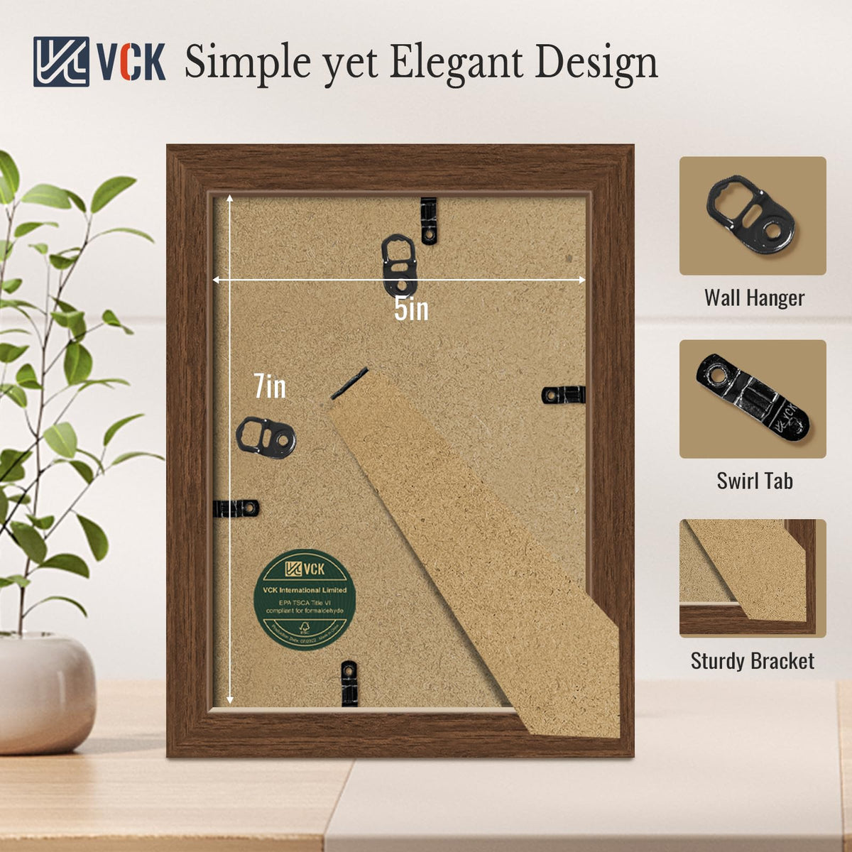 VCK 5x7 Picture Frame with Glass - 4 Pack, Display Pictures 4x6 with Mat or 5 x 7 without Mat - Wall and Tabletop, 5 by 7 Photo Brown Wooden Frames
