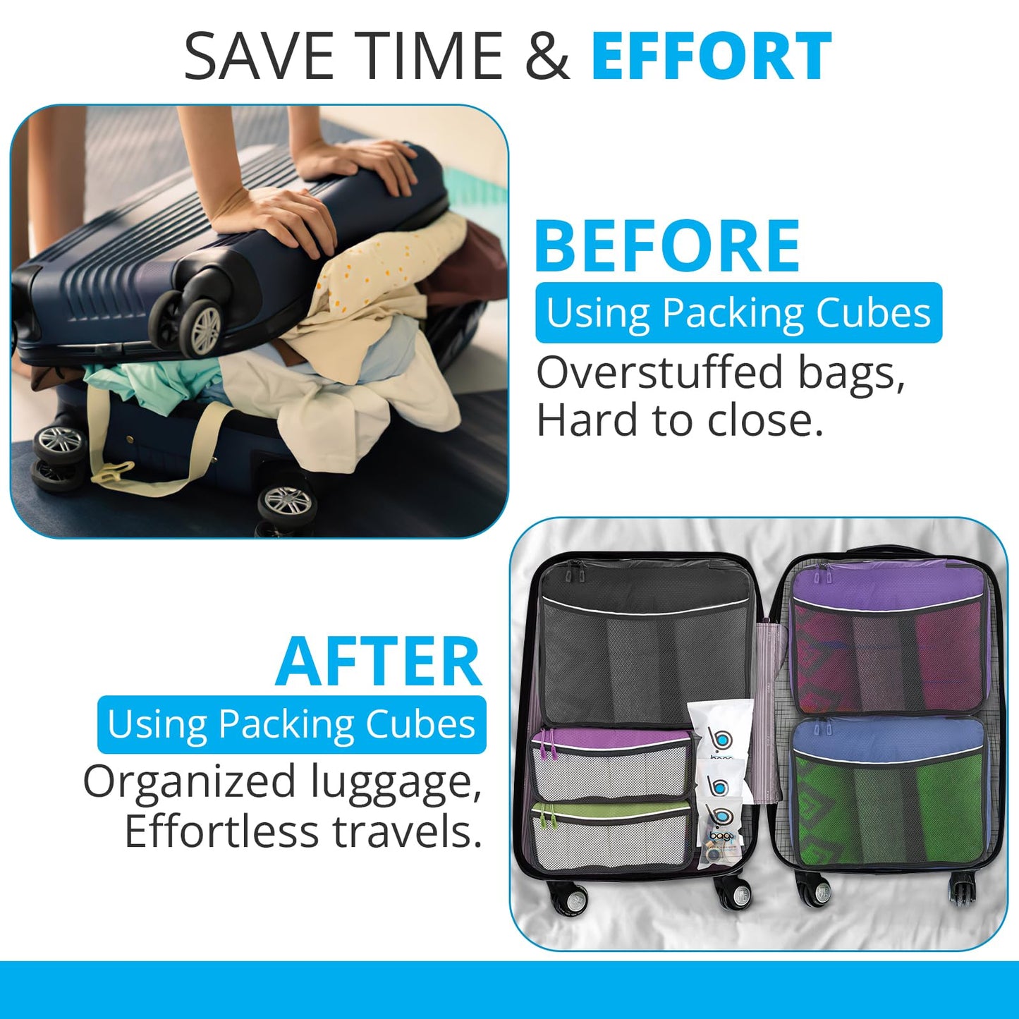bago 8 Pcs Packing Cubes For Travel - 5 Packing Cube with 3 ZipLock Bags - Travel Cubes to Get Maximum Storage, Save Time & Effort to Pack - Happy Traveling (BlackBluePurpGreenPink)