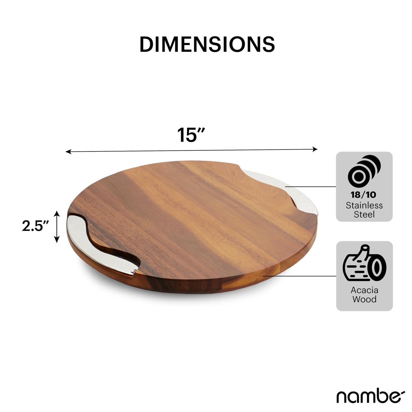 Nambé Cheese Block and Knife Set – Round Acacia Wood Board Featuring Stainless Steel Details, Contemporary Tray with Spreader, Stylish Table Accent for Parties, Gatherings, and Dining