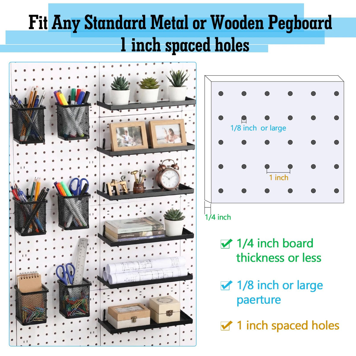 Tosstuki 12 Pack Pegboard Organizer Accessories - 6 Pegboard Pencil Cups Holder Peg Board - 6 Shelves Metal Shelf Brackets - Tools Storage Arrange System Kit for Office Garage Room