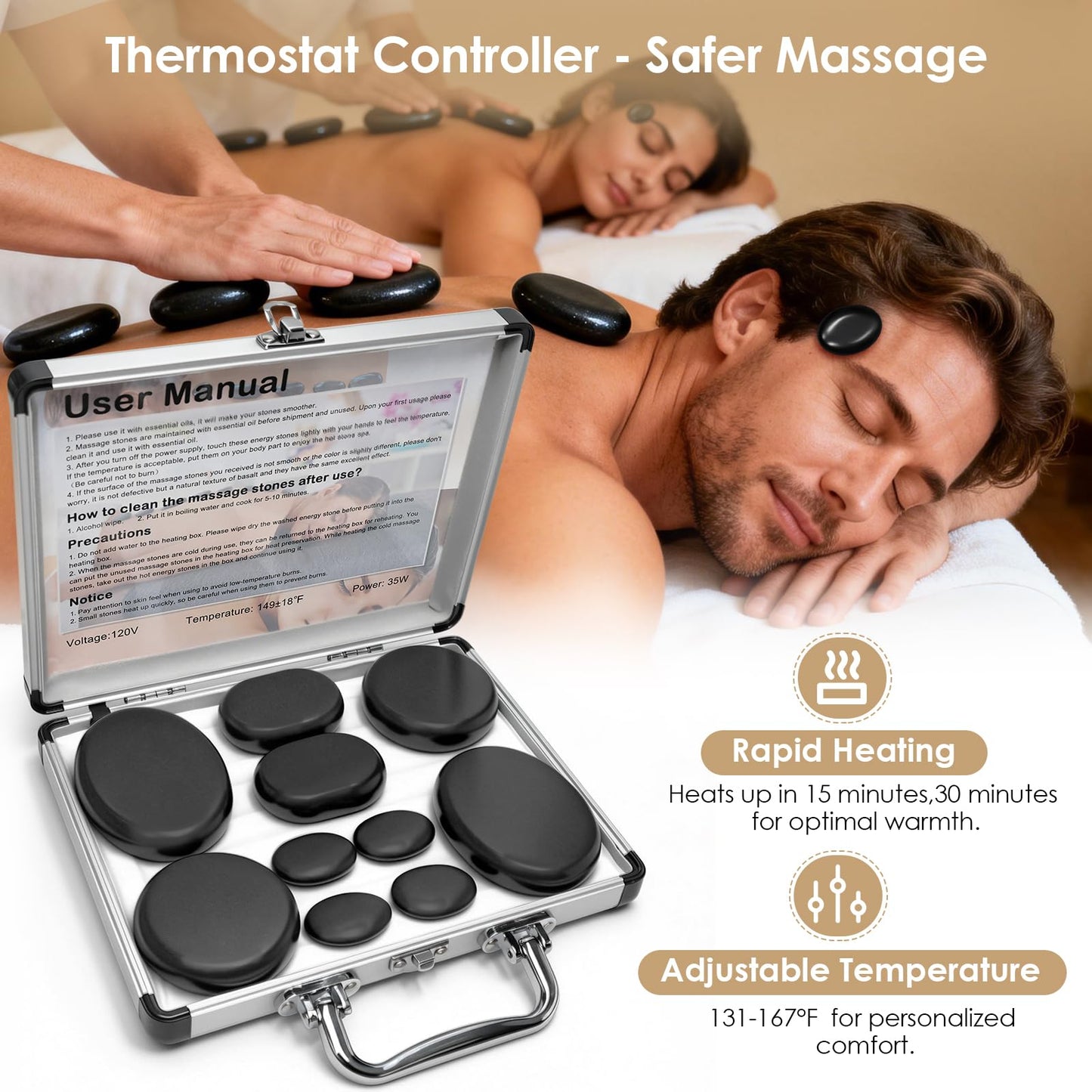 Freudeere 10Pcs Hot Stones Massage Set,Hot Stones Massage Warmer Kit,Portable Hot Stone with Heater for Home Spa Warming Therapy Relaxing