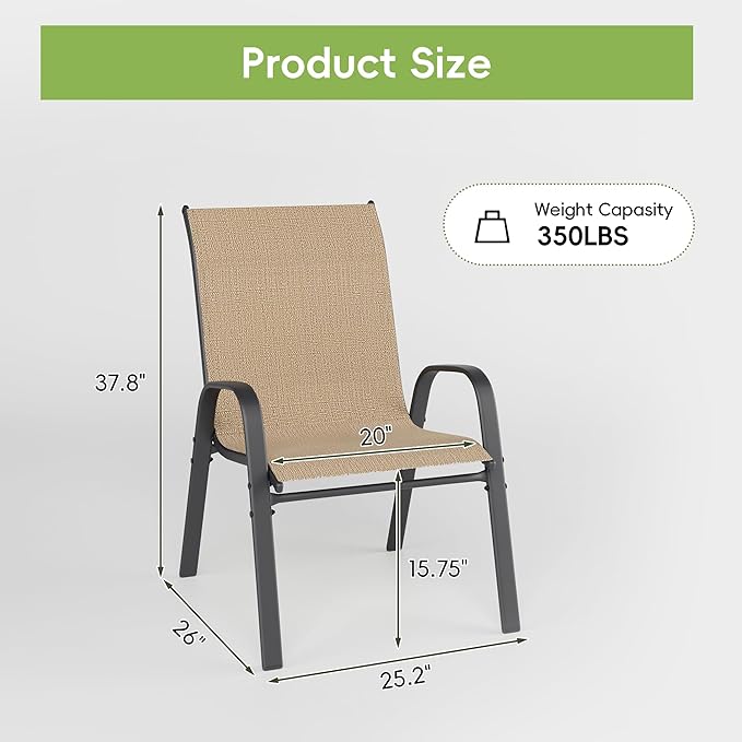 Patio Chairs Set of 2, Outdoor Dining Chairs Stackable for All Weather, Breathable Metal Modern Outside Furniture Chair for Pool Side, Garden, Backyard Deck, Brown