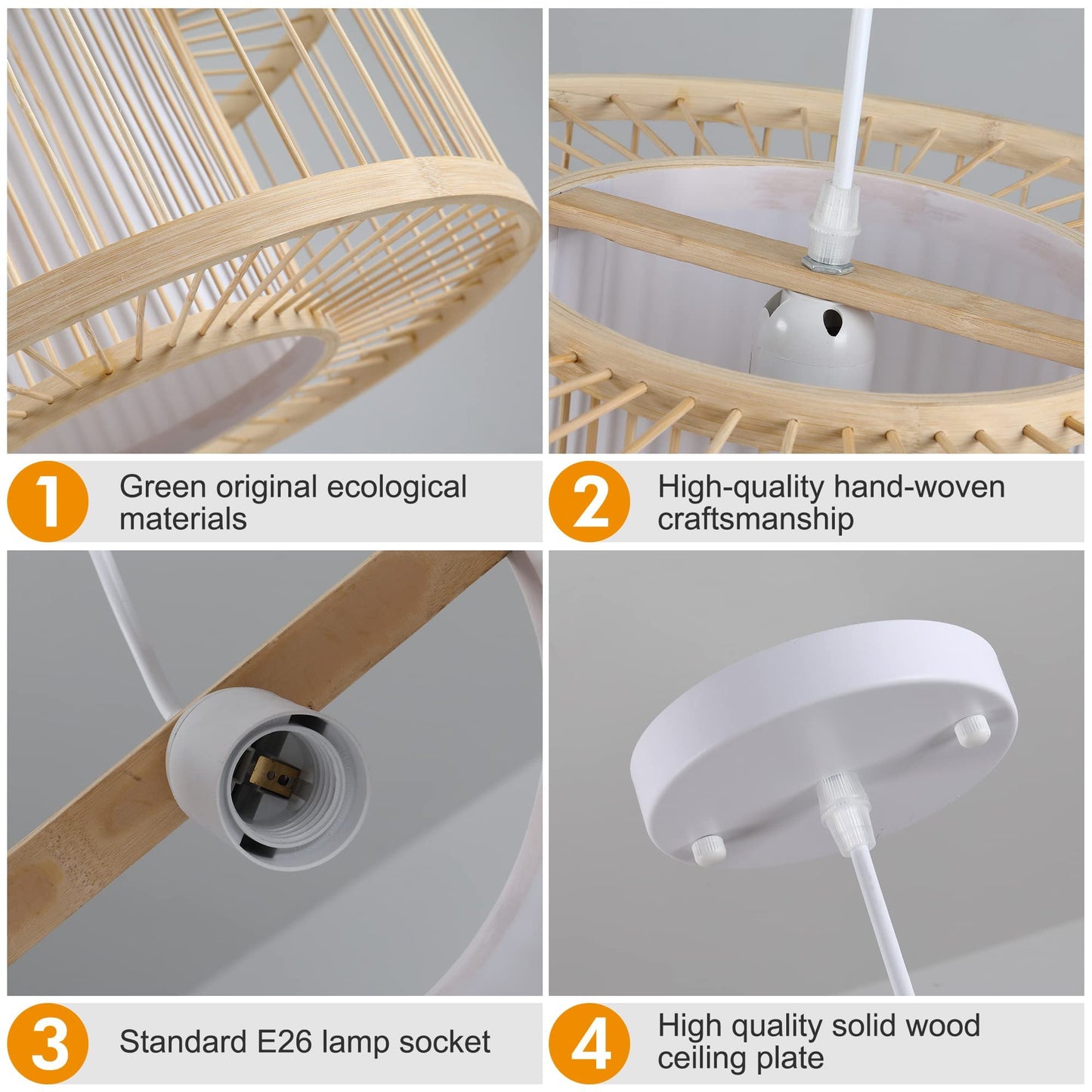 Karjearl Boho Rattan Pendant Lights, 15.8" Coastal Drum Wicker Hanging Light Japanese Country Light for Dining Room Kitchen Living Room Bedroom, 1-Light E26 Base
