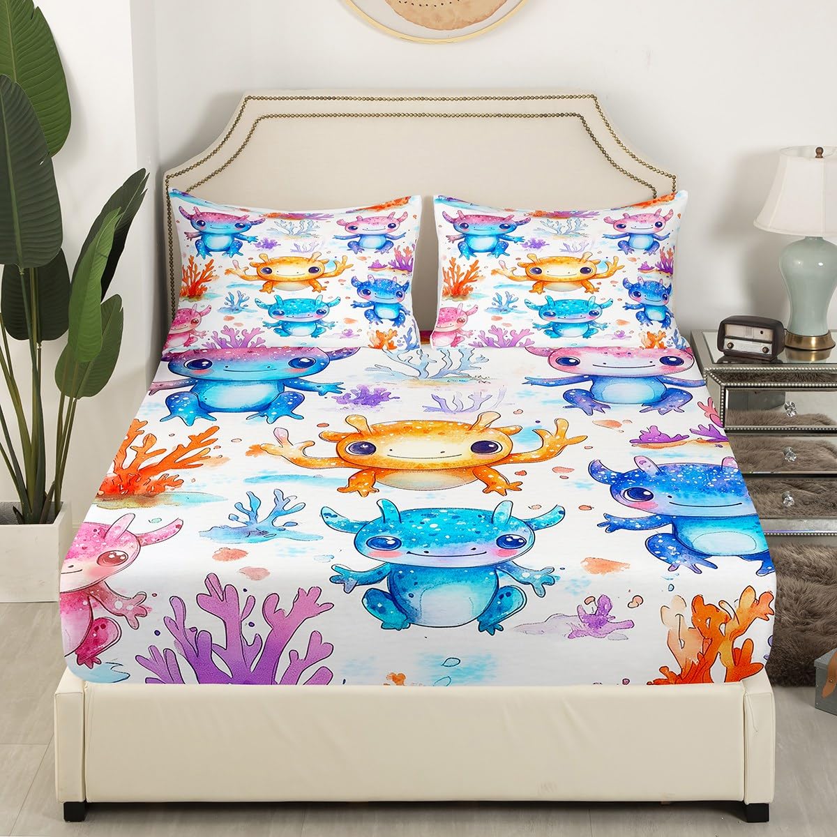 Erosebridal Cartoon Axolotl Bed Sheets for Kids Boys Girls Toddlers,Kawaii Axolotl Sheet Set,Coastal Ocean Sealife Fitted Sheet + Top Sheet + 2 Pillowcases,Full,Purple