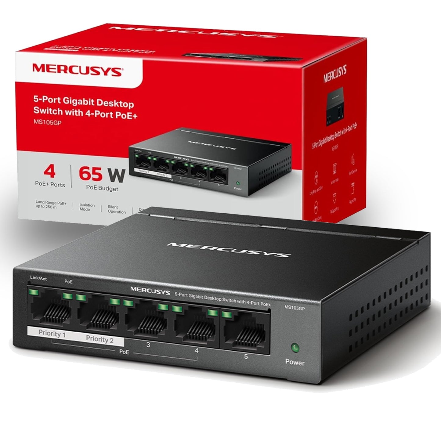 MERCUSYS MS105GP 5 Port Gigabit Network Switch, Ethernet Switch with 4-Port PoE+, 65W Total Budget , Metal Case, Desktop or Wall Mount, TP-Link Silent Operation, Power Saving, Plug & Play