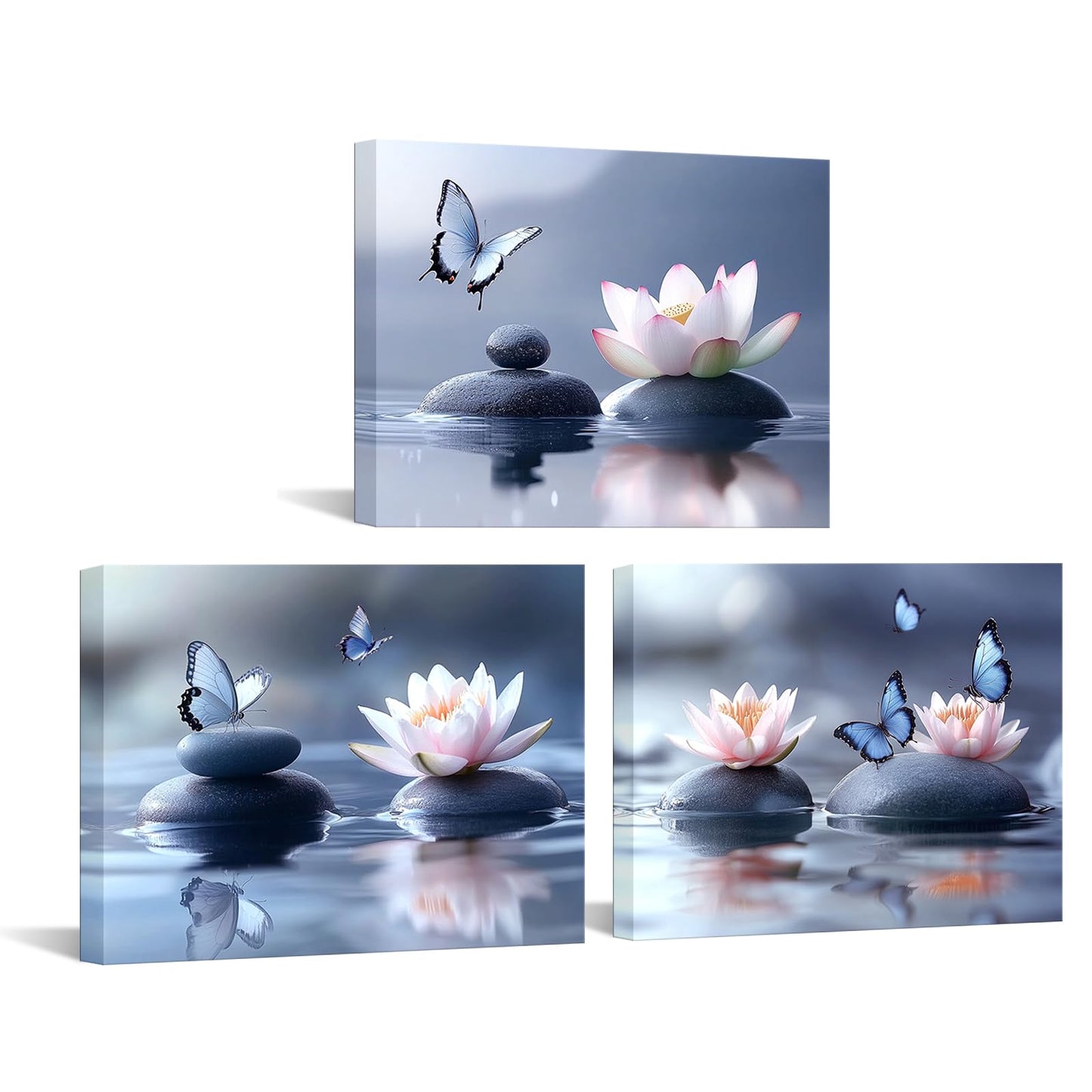 iKNOW FOTO Zen Lotus Flower Canvas Wall Art - 3pcs Calming Spa Decor with Stones and Butterfly - Water Lily Modern Artwork for Bathroom, Yoga Studio, Meditation, or Living Room - 12x16 Each